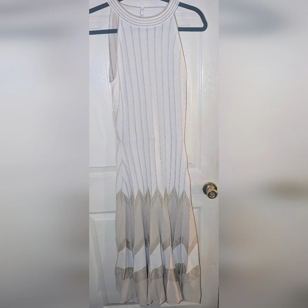 Anthropologie White/Gold Pleated Drop Waist Knit Midi Dress - Picture 7 of 8